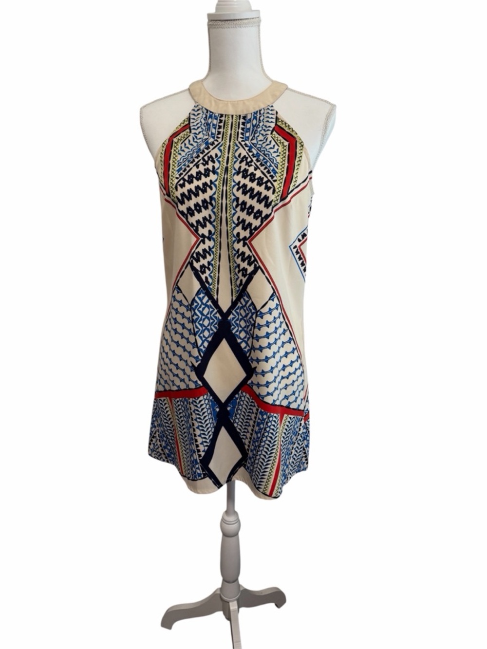 VENUS Cream Mini Dress with Blue and Red Geometric Print